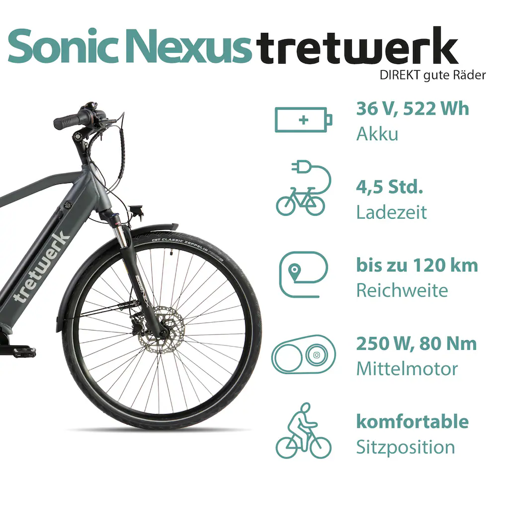 Tretwerk E-Bike »Sonic Nexus« 7 Gang Mittelmotor 250 W Pedelec Elektrofahrrad für Damen u. Herren Trekkingrad auf Rechnung online kaufen Fabrikpreis