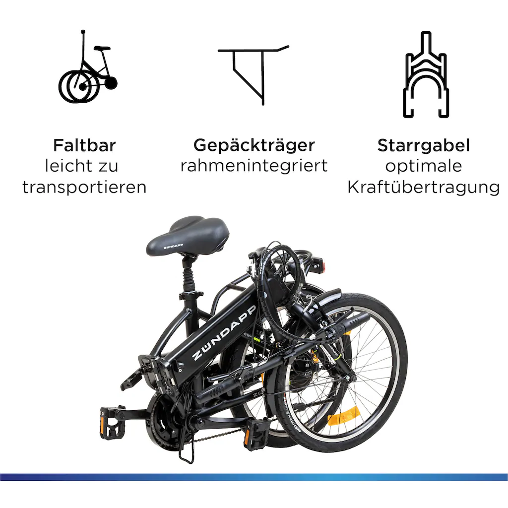 Zündapp E-Bike »Z101« 6 Gang Shimano Tourney RD-TY300 Heckmotor 250 W Pedelec Elektrofahrrad für Damen u. Herren Faltrad auf Rechnung kaufen Muttertagsangebot