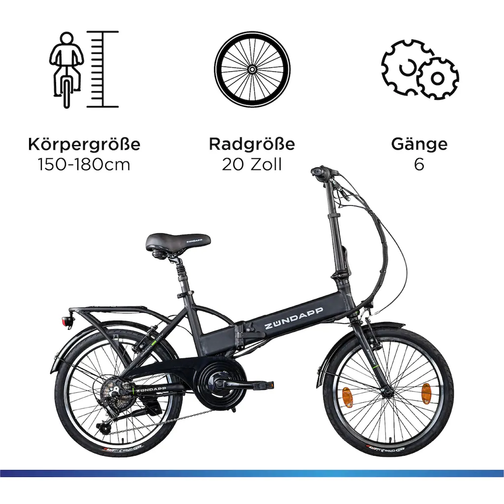 Zündapp E-Bike »Z101« 6 Gang Shimano Tourney RD-TY300 Heckmotor 250 W Pedelec Elektrofahrrad für Damen u. Herren Faltrad auf Rechnung kaufen Muttertagsangebot