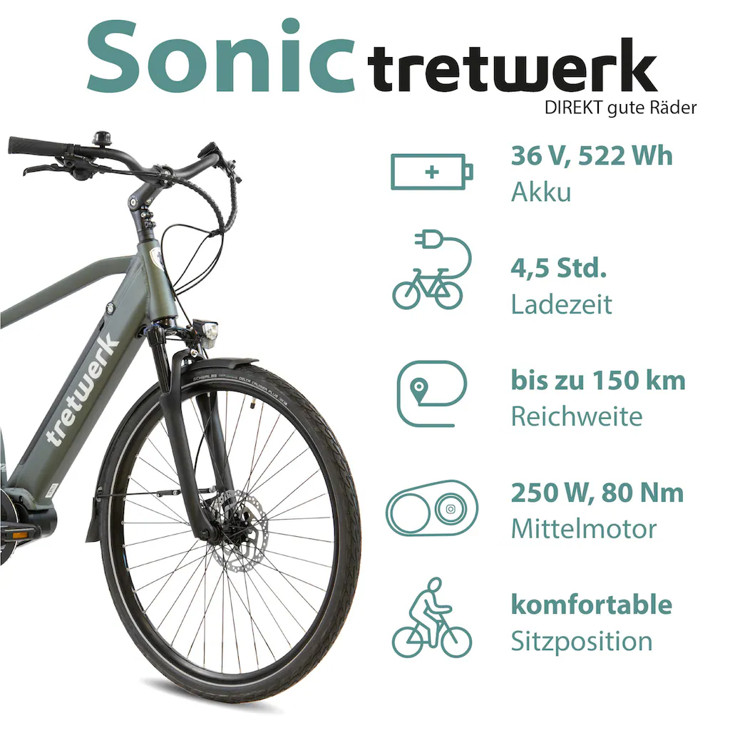 Tretwerk E-Bike »Sonic« 8 Gang Shimano Acera M3020 SGS Mittelmotor 250 W Pedelec Elektrofahrrad für Damen u. Herren Trekkingrad auf Rechnung Online Outlet
