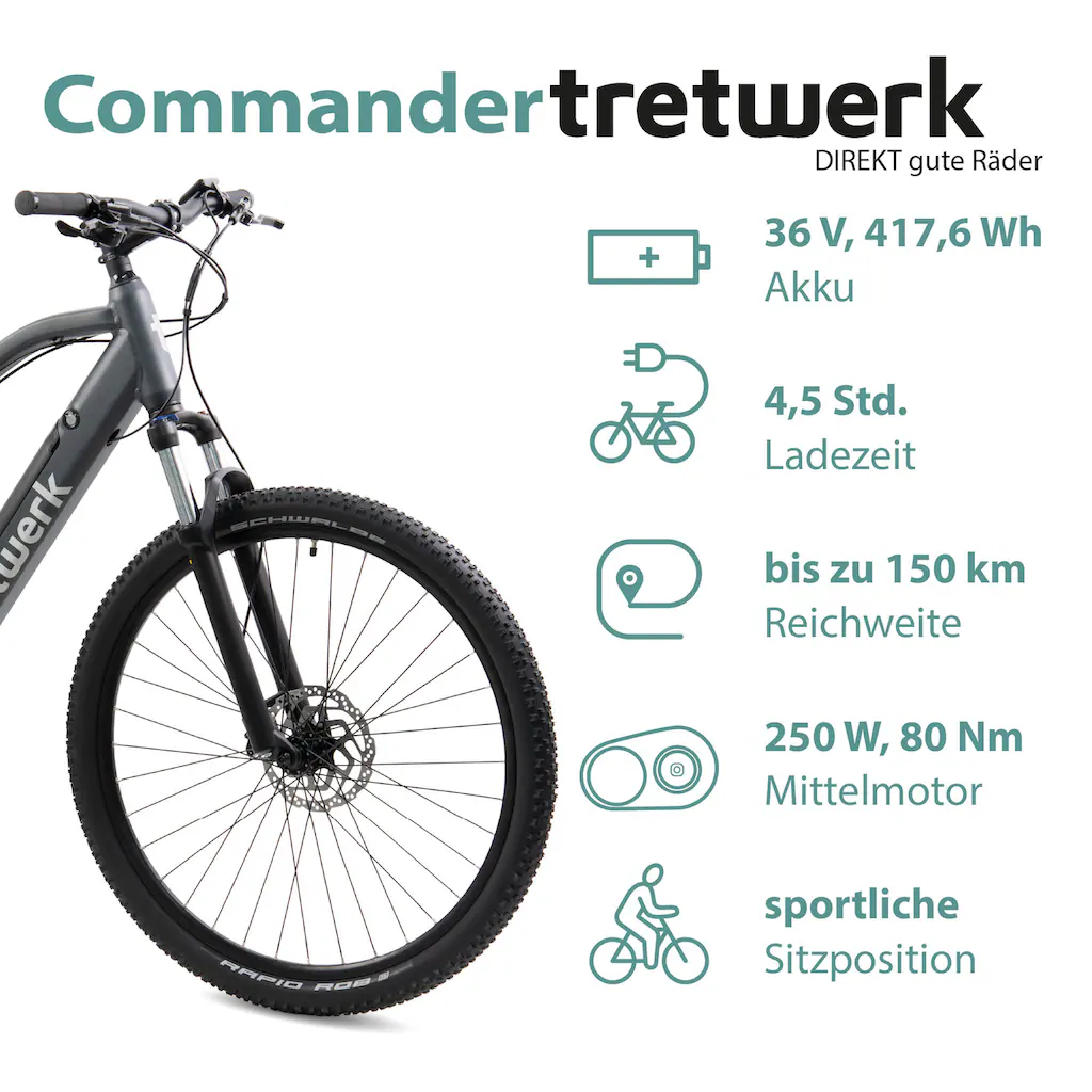 Tretwerk E-Bike »Commander« 9 Gang Shimano Altus SGS Mittelmotor 250 W Pedelec Elektrofahrrad für Damen u. Herren MTB Mountainbike auf Rechnung Räumungsverkauf