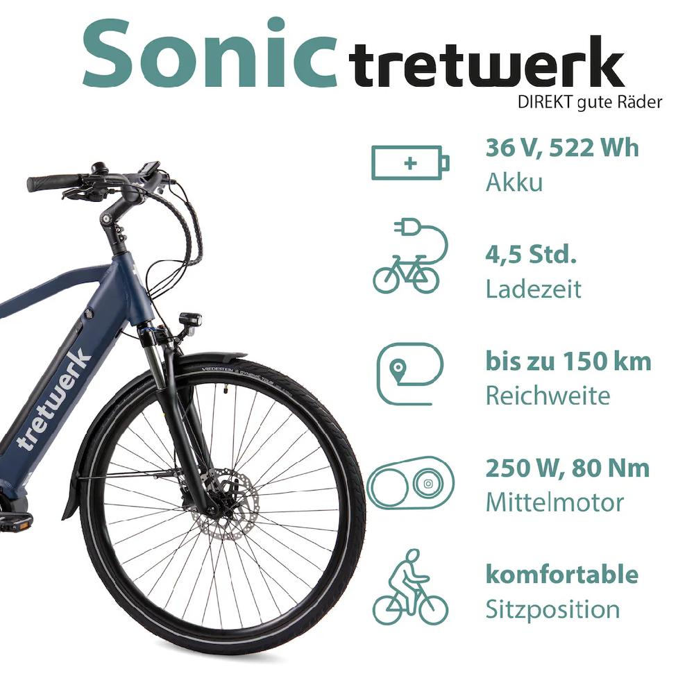 Tretwerk E-Bike »Sonic« 8 Gang Shimano Acera M3020 SGS Mittelmotor 250 W Pedelec Elektrofahrrad für Damen u. Herren Trekkingrad auf Rechnung Tiefpreis