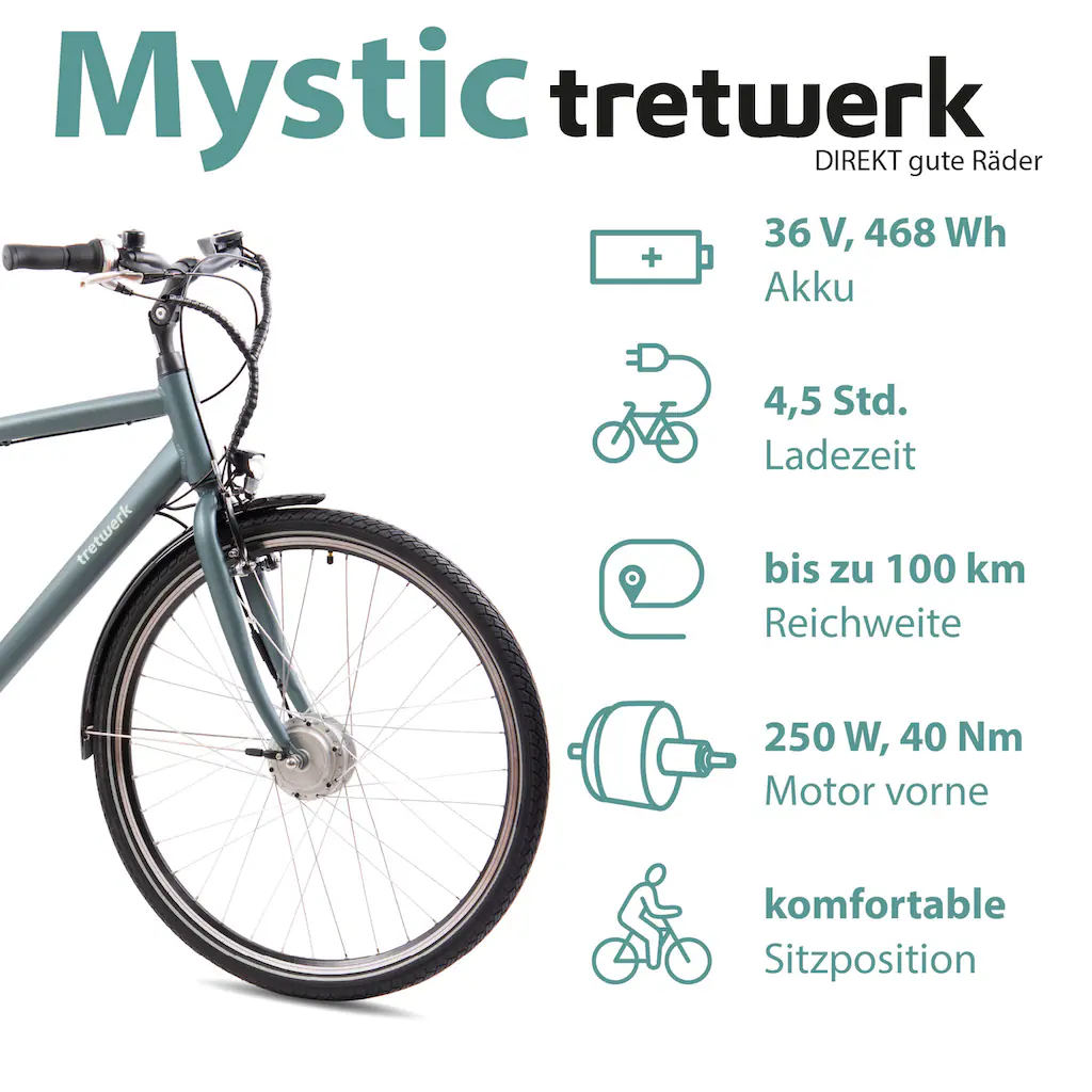 Tretwerk E-Bike »Mystic« 7 Gang Frontmotor 250 W Pedelec Elektrofahrrad für Damen u. Herren Trekkingrad auf Rechnung Letzte 2 Tage