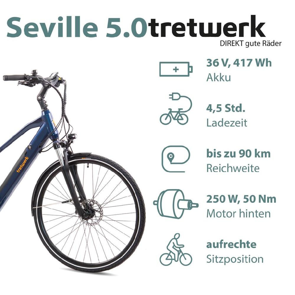 Tretwerk E-Bike »Seville 5.0« 24 Gang Shimano Heckmotor 250 W Pedelec Elektrofahrrad für Damen u. Herren Trekkingrad auf Rechnung Bis zu 60% Rabatt