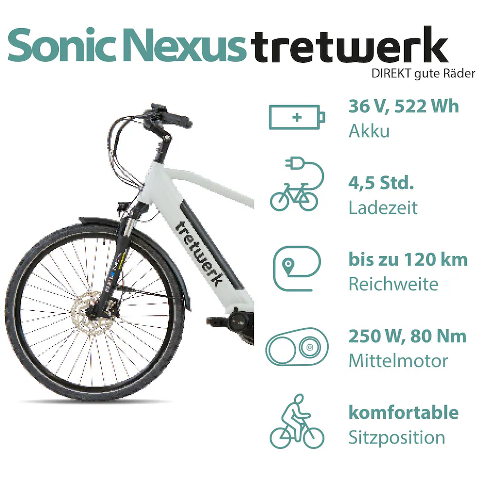 Tretwerk E-Bike »Sonic Nexus« 7 Gang Mittelmotor 250 W Pedelec Elektrofahrrad für Damen u. Herren Trekkingrad auf Rechnung online kaufen Bis zu 65% Rabatt