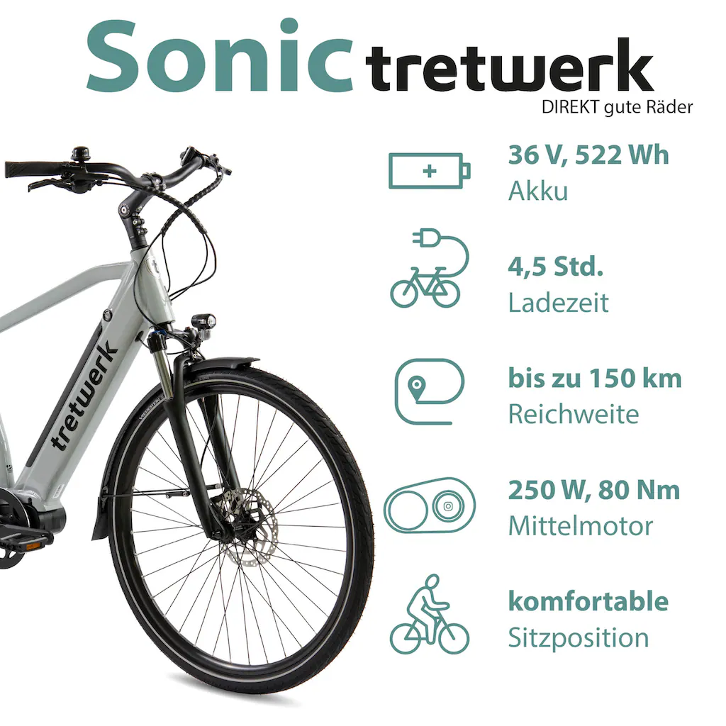 Tretwerk E-Bike »Sonic« 8 Gang Shimano Acera M3020 SGS Mittelmotor 250 W Pedelec Elektrofahrrad für Damen u. Herren Trekkingrad Sonderangebot der Fabrik