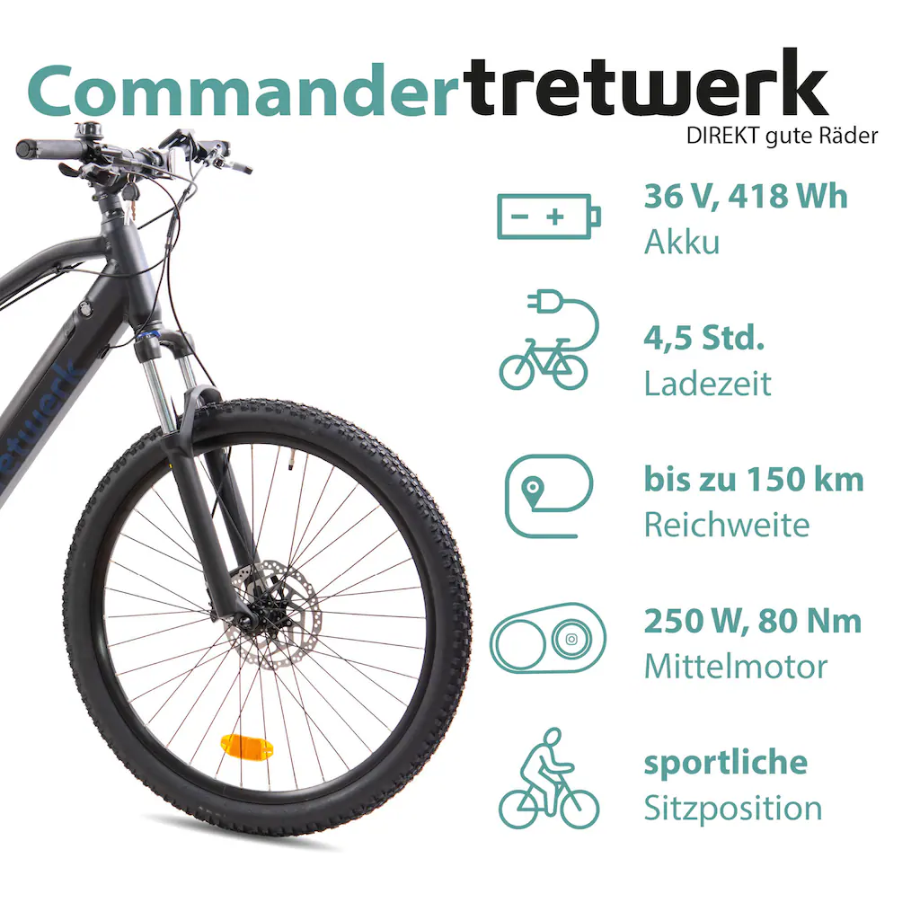 Tretwerk E-Bike »Commander« 9 Gang Shimano Altus M2000 Mittelmotor 250 W Pedelec Elektrofahrrad für Damen u. Herren MTB Mountainbike auf Rechnung online kaufen Online